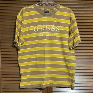 Guess Heavyweight Mustard Yellow Striped Embroidered Logo Shirt Medium M